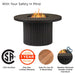 Real Flame Calvin fire pit table safety infographic showing CSA certification, 1-year warranty, wood deck safe use, and weather-resistant powder-coated aluminum construction