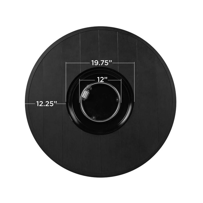 Top-down view of the Real Flame Calvin fire pit table burner opening with labeled dimensions: 19.75" burner bowl, 12" inner ring, and 12.25" depth