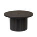 Real Flame Calvin 44" Round Fire Pit Table shown with lid closed, highlighting the black powder-coated aluminum tabletop and fluted cylindrical base on white background