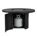 Real Flame Calvin fire pit table with base doors open revealing hidden interior propane tank storage compartment, lava rocks visible in the burner bowl above