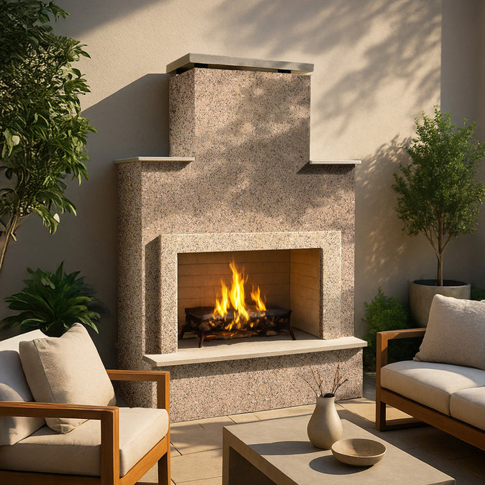 Cal Flame Escape Fireplace Cancun model installed in an outdoor patio with wicker seating and lit fire.
