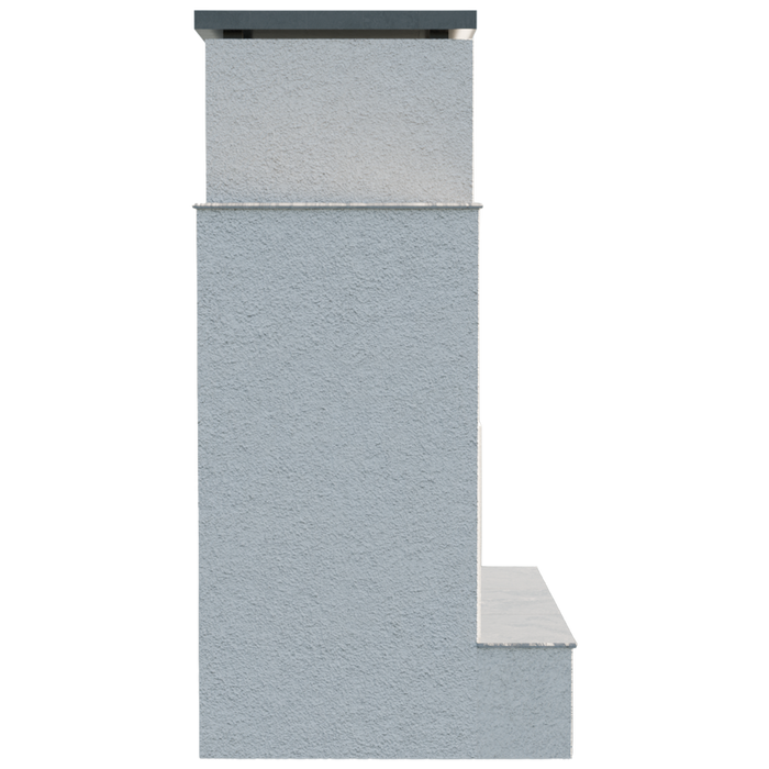 Side profile of the Cal Flame Escape Fireplace Cancun model showing stucco body and tile trim.