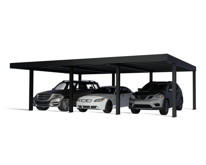 Cutout image showing the Oslo 20x30  carport providing overhead protection for three parked vehicles