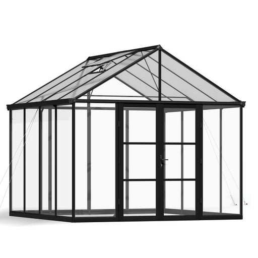 Black Canopia Aria 10 greenhouse with clear panels shown in isolated cutout view highlighting frame and roof design