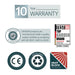 Icons showing 10 year warranty, ISO certification, recyclable materials, and heat block technology