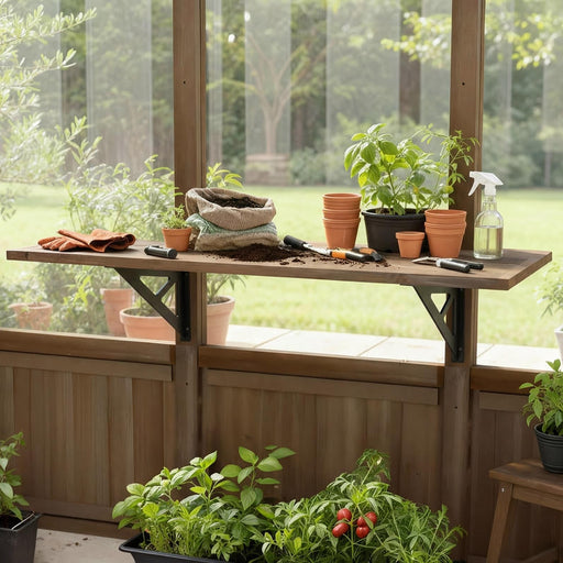 Wooden shelf kit installed inside a Canopia Natura greenhouse holding potted plants, gardening tools, and accessories.