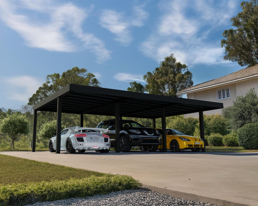 Large black and grey Canopia Oslo carport installed on a residential driveway covering multiple vehicles