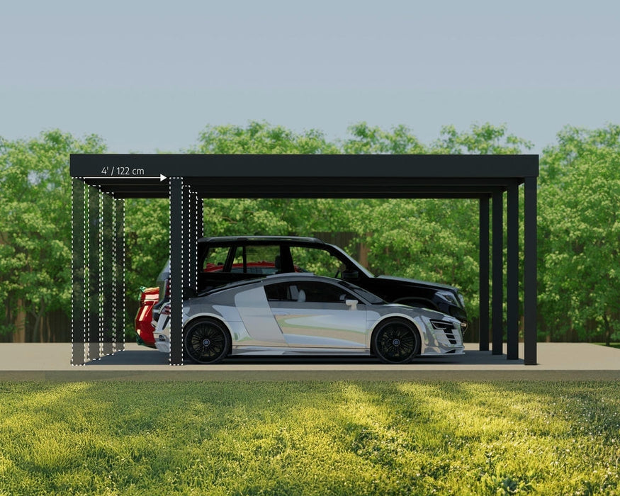 Side view of the Oslo carport showing adjustable post placement for vehicle clearance
