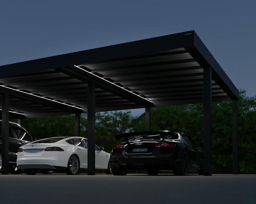 Integrated LED lighting system installed under the Oslo carport roof for nighttime visibility