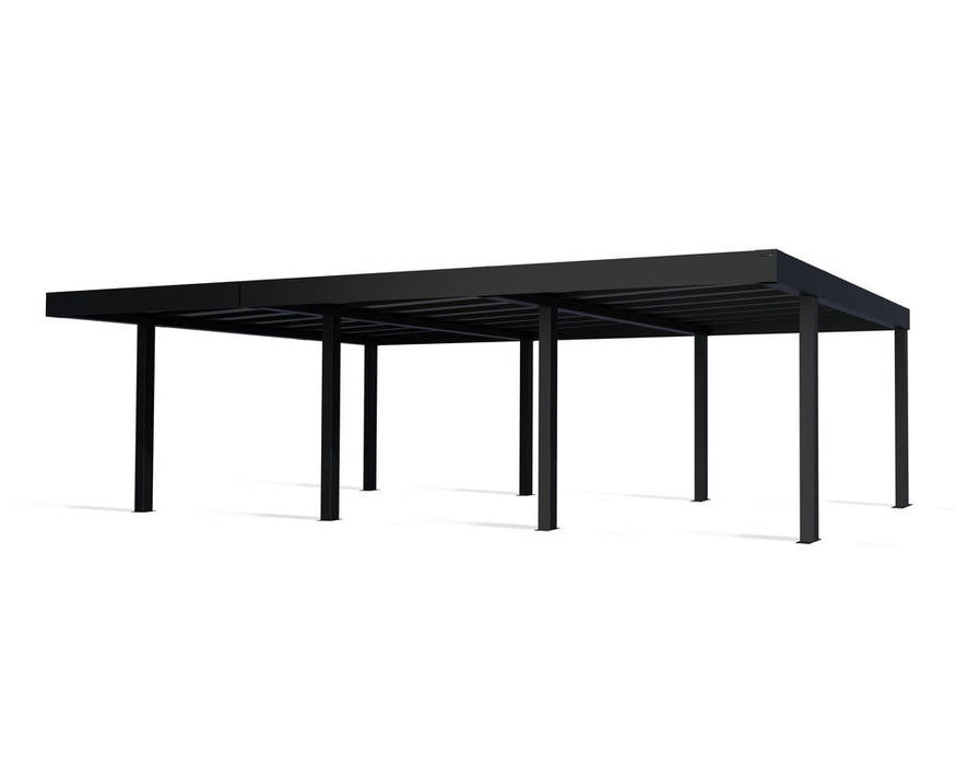 Cutout image showing the Oslo 12x40 carport providing overhead protection for three parked vehicles