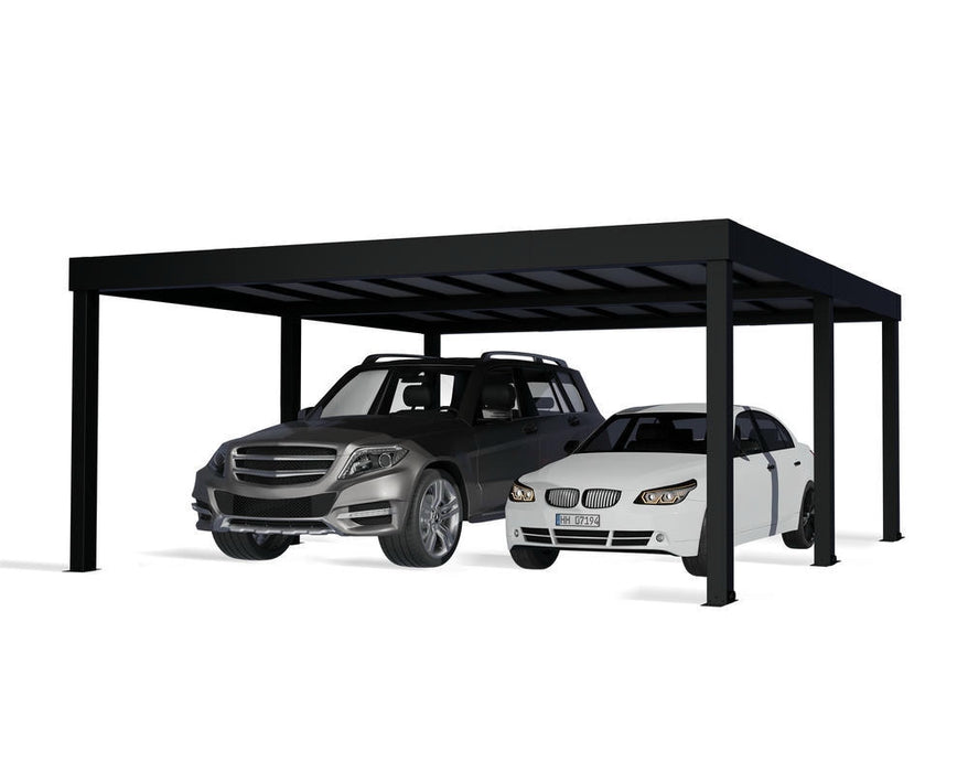 Cutout view of the Oslo carport providing overhead protection for two parked vehicles