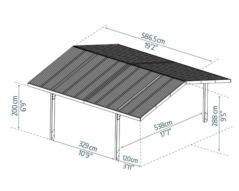 Diagram showing dimensions of Canopia Sydney Wave Double Carport, apex-style structure