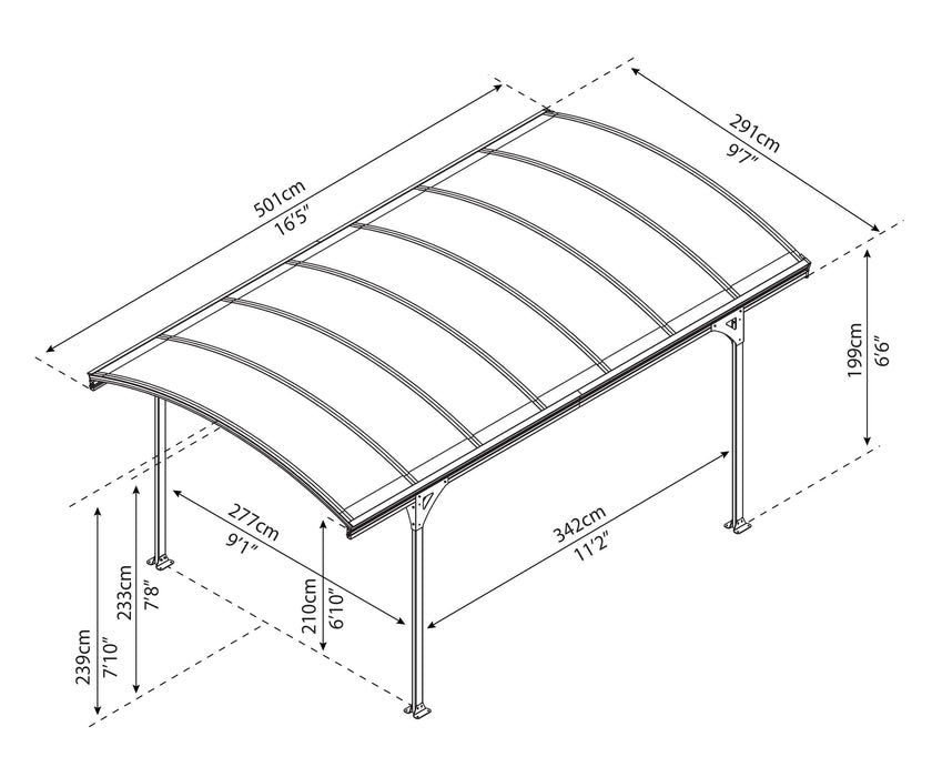 Diagram of the Canopia Vitoria 5000 10x16 Carport with detailed measurements for width, height, and length.