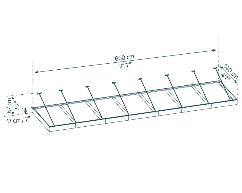 Detailed dimensions diagram of the Canopia XL 7000 Awning, illustrating its extensive length and structure.