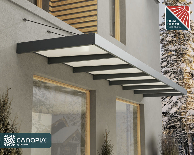 Canopia XL 7000 Awning mounted on a building, featuring advanced heat block technology for enhanced shading.