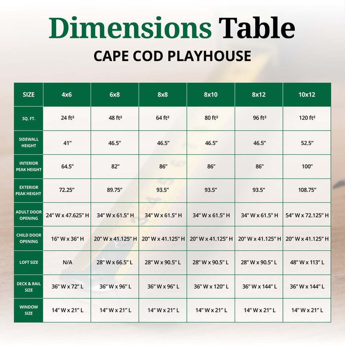 Cape Cod Playhouse dimensions chart from Little Cottage Co. detailing sizes from 4x6 to 10x12 with door, loft, deck, and window measurements for each model.