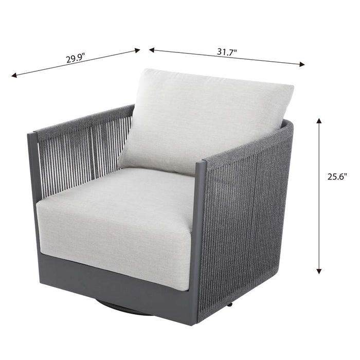 Elementi Outdoor Furnitures Capri Collection swivel chair shown at front angle with detailed dimensions in gray frame and soft white fabric cushions.