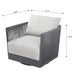 Elementi Outdoor Furnitures Capri Collection swivel chair shown at front angle with detailed dimensions in gray frame and soft white fabric cushions.