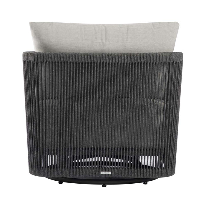 Back detail view of the Capri Collection swivel chair from Elementi Outdoor Furnitures highlighting its rounded woven gray frame and plush cushions.