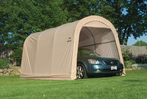 ShelterLogic AutoShelter 10x15 ft. portable car shelter with metal pipe frame on grass