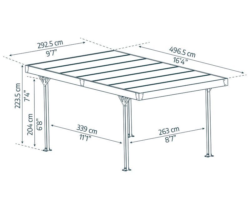 Dimensional diagram of the Canopia Palma 5000 Carport in gray.