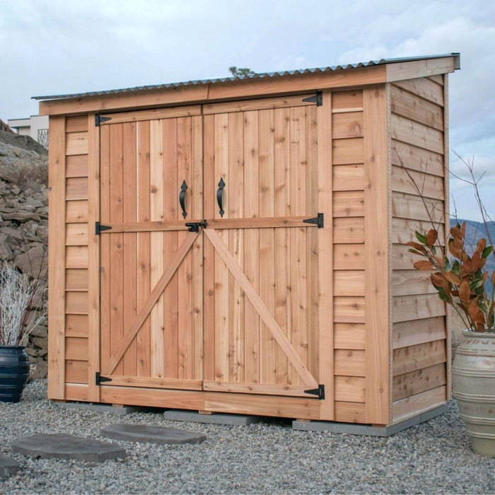 Cedar 8x4 SpaceSaver shed with double doors, shown from the main front view against a garden backdrop.
