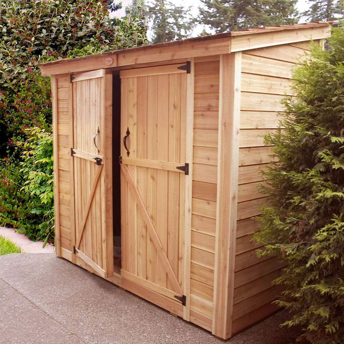 Cedar 8x4 SpaceSaver shed with double door shown from a side angle, highlighting its compact outdoor storage design.