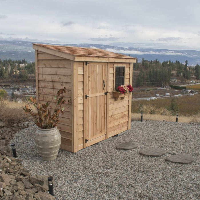 Cedar 8x4 SpaceSaver shed with a single door, shown from the front view against a plain background.