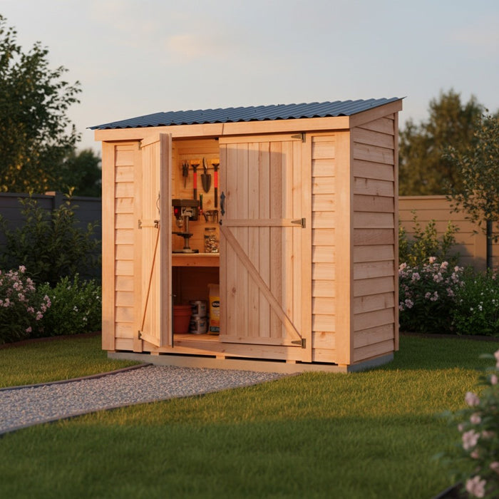 Cedar 8x4 SpaceSaver storage shed showing double door detail with panel design and secure latch hardware.
