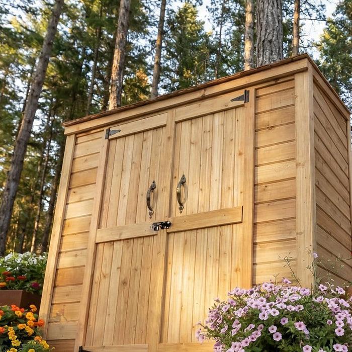 Close-up detail of the Grand Garden Chalet 6x3 shed's cedar siding, showing natural wood grain and panel texture.