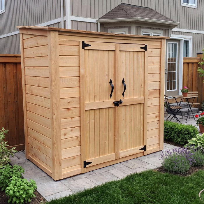 Close-up detail view of the Grand Garden Chalet 6x3 shed's cedar siding, showing wood grain and panel construction.