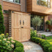 Close-up detail of the cedar Garden Chalet shed showing natural wood grain, joinery, and craftsmanship.