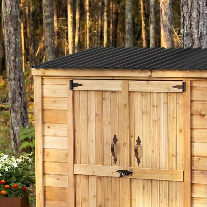 Close-up detail of the cedar siding on the Outdoor Living Today Grand Garden Chalet 6x3 garden shed.