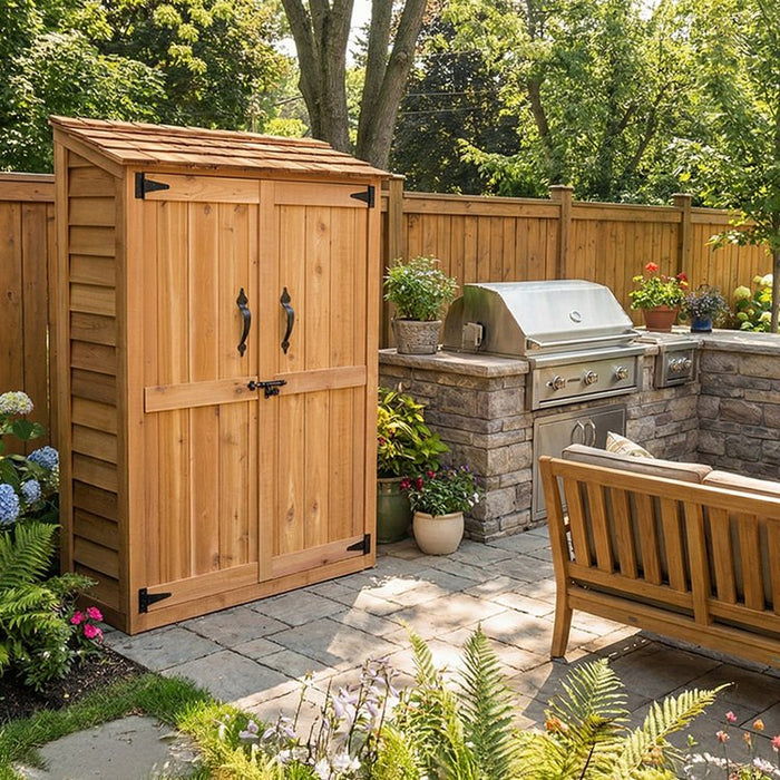 Side angle view of the Outdoor Living Today Garden Chalet 4x2, a cedar garden shed with double doors and peaked roof.