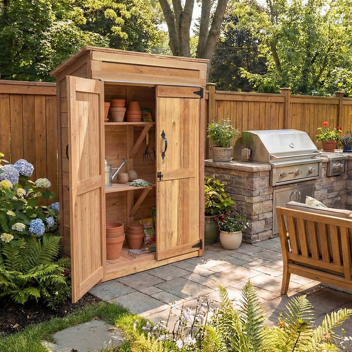 Cedar Garden Chalet shed shown from a side angle, highlighting its wood siding and double-door entrance.