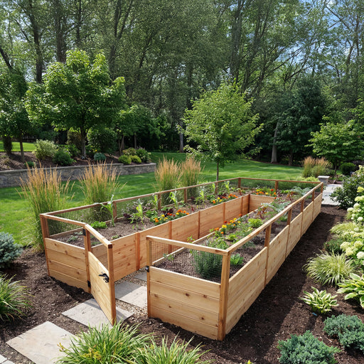 Western red cedar Garden in a Box 8x16 by Outdoor Living Today with its gate swung open, corn and marigolds growing behind mesh fence panels