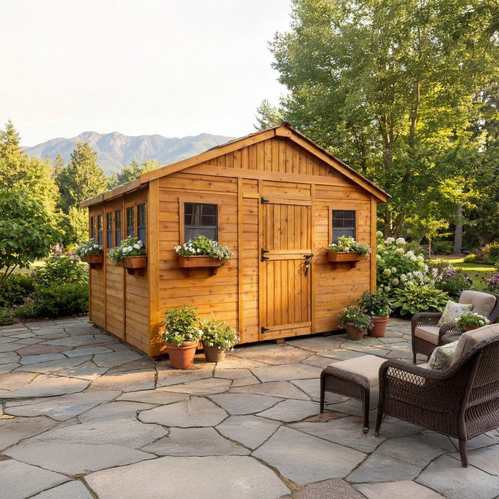 Side angle view of the 12x12 cedar Sunshed garden shed, showing detailed wood paneling and roof construction.