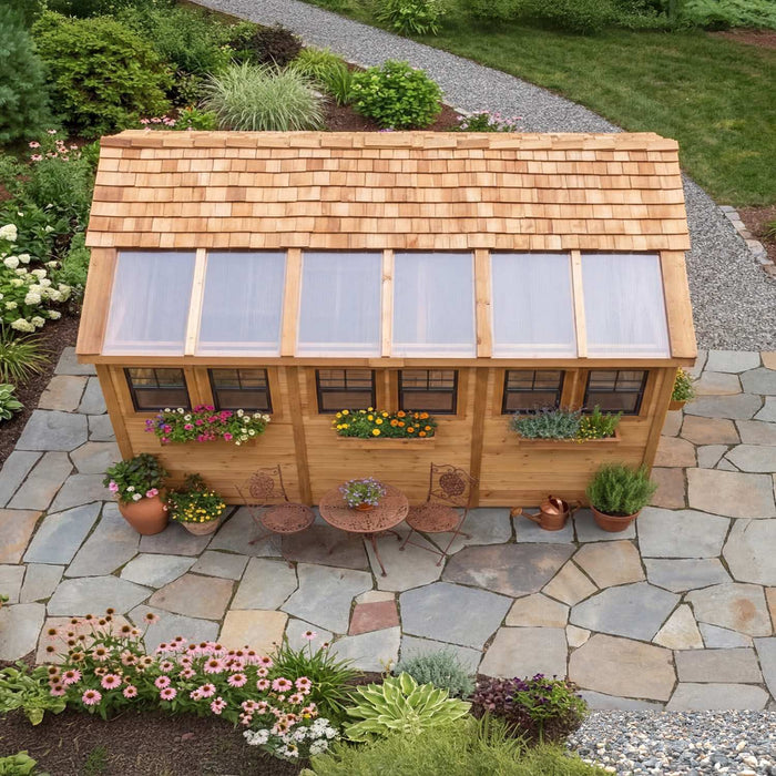 Close-up detail of the cedar garden shed 8x12 Sunshed, showing natural wood grain and sturdy panel construction.