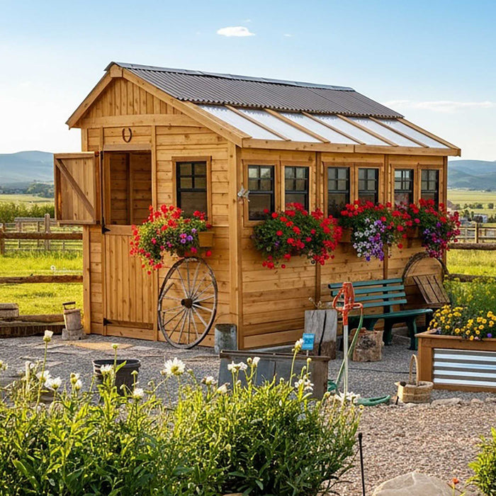 Side angle view of the Outdoor Living Today Sunshed, an 8x12 cedar garden shed with double doors and windows.