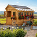 Side angle view of the Outdoor Living Today Sunshed, an 8x12 cedar garden shed with double doors and windows.