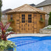 Close-up detail of the cedar garden shed 9x9 Penthouse, showing wood grain, siding, and roof line construction.