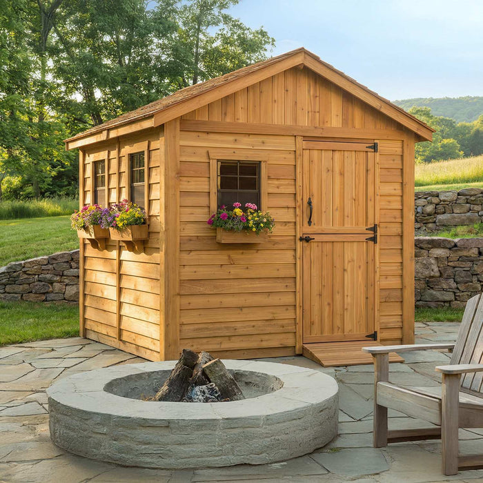 Close-up detail of the Outdoor Living Today Gardener Shed 8x8 showing cedar wood grain and craftsmanship.