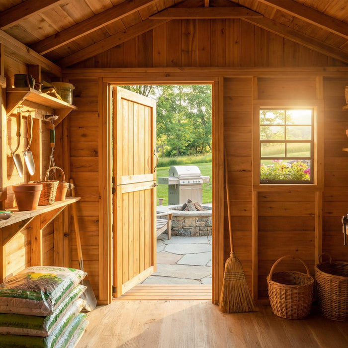 Close-up detail of the Outdoor Living Today 8x8 Gardener Shed showing natural cedar wood grain and construction.