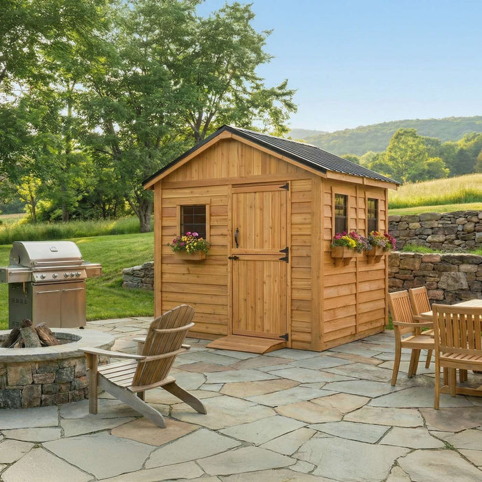 Cedar Gardener shed 8x8 shown from a side angle view, highlighting its wood siding and Dutch-style double doors.