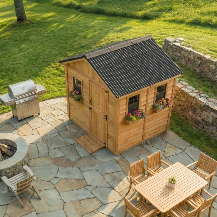 Side angle view of the Outdoor Living Today 8x8 cedar Gardener shed, showcasing its wood construction and roofline.