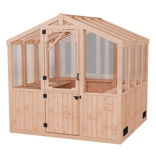 Outdoor Living Today 8x8 cedar greenhouse with clear polycarbonate panels and natural wood frame for backyard gardening.