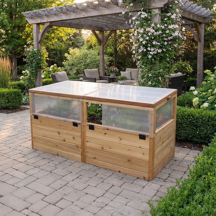 Outdoor Living Today 6x3 Greenhouse with Garden in a Box closed on a paver patio, twin polycarbonate lids and black hardware beside a pergola