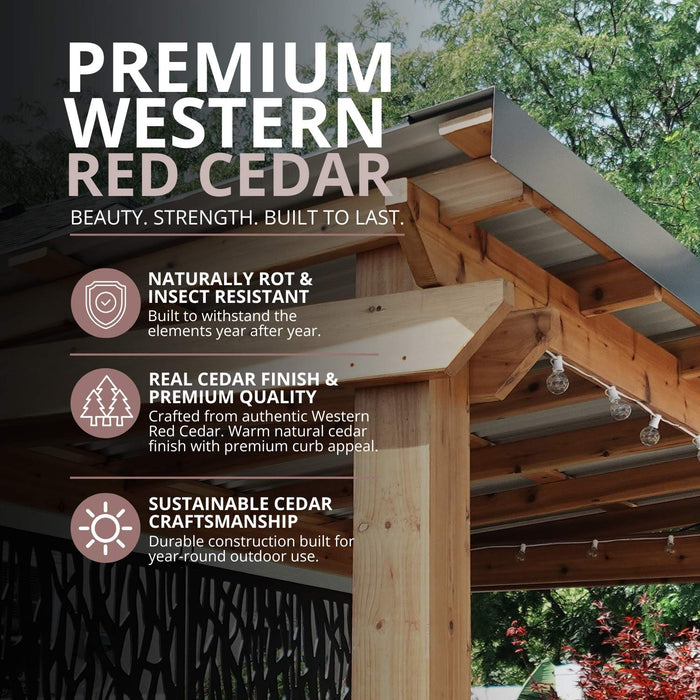 Close-up of the cedar grill gazebo's side door detail, showcasing the wood grain and hardware on the 8x5 model.