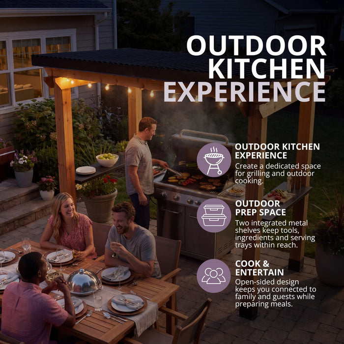Cedar grill gazebo shed kit shown at an angle, highlighting the side door and sturdy outdoor construction.