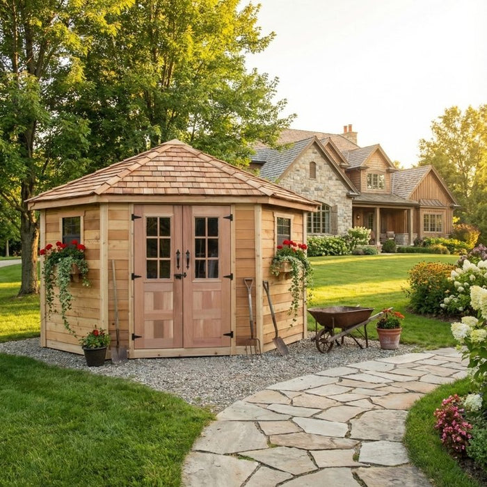 Cedar Penthouse garden shed, 9x9 size, shown from a side angle with slanted roof and double doors.